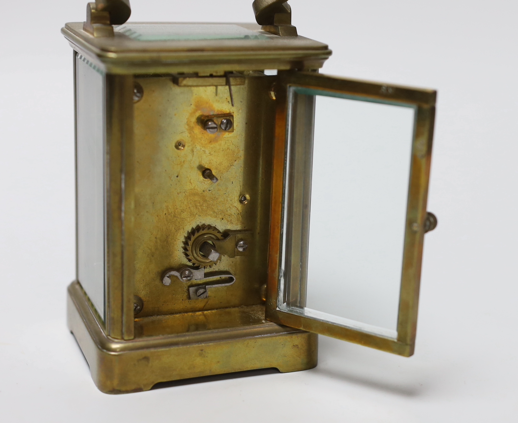 A French carriage timepiece with enamel dial, 15cm high